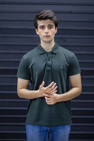 Men's Short Sleeve Polo - Deep Green Textured Smart Casual Tee - Ecowears.pk