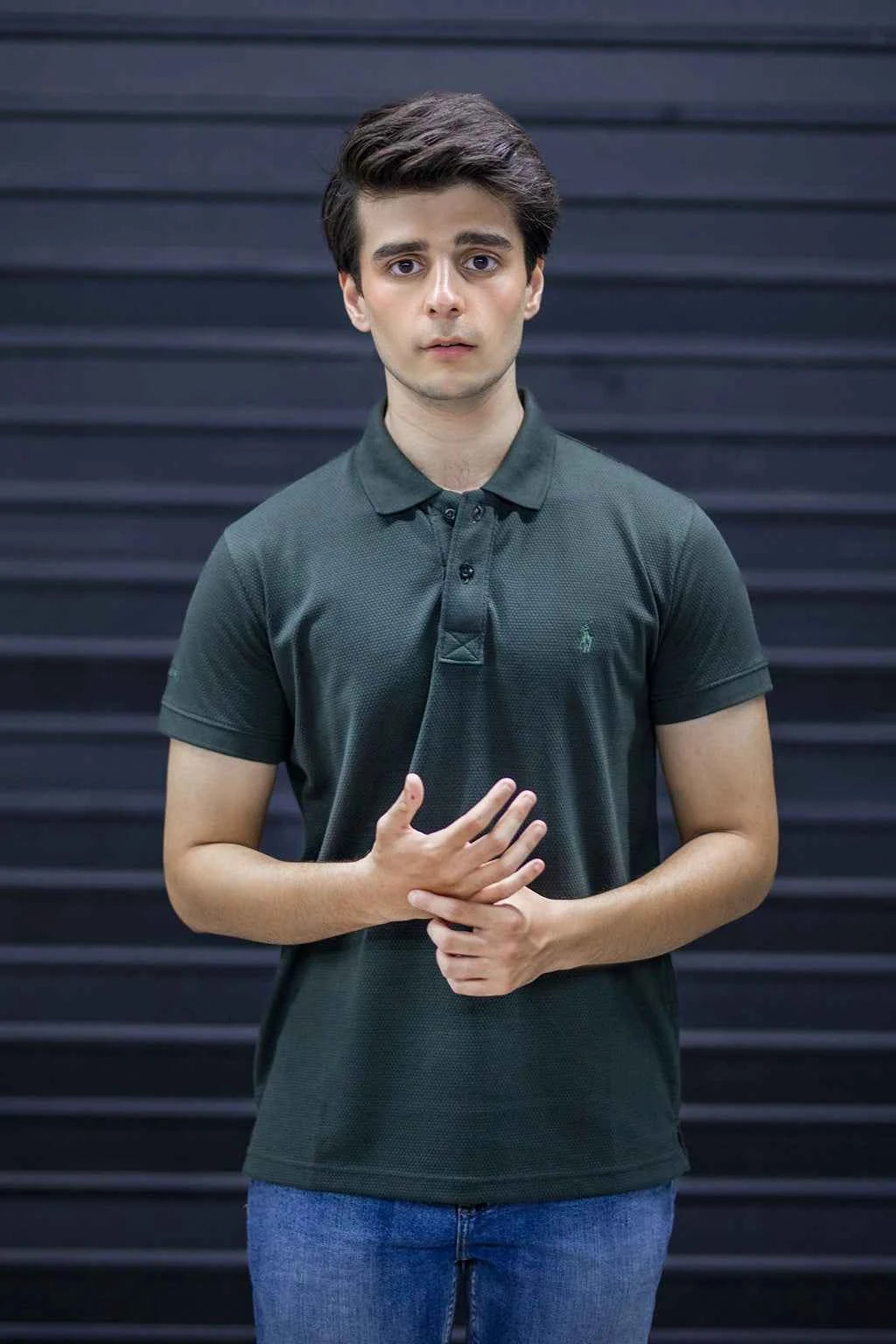 Men’s Short Sleeve Polo – Deep Green Textured Smart Casual Tee