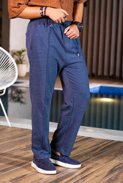 Men’s Textured Blue Relaxed Fit Trousers – Casual Comfort Wear
