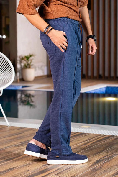 Men’s Textured Blue Relaxed Fit Trousers – Casual Comfort Wear