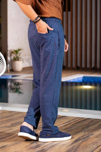 Men’s Textured Blue Relaxed Fit Trousers – Casual Comfort Wear