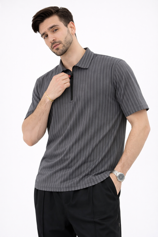 Textured Half-Zip Collared T-Shirt – Charcoal Grey
