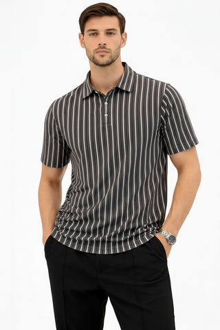 Striped Button-Down Polo T-Shirt – Charcoal