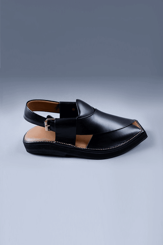 Premium Black Leather Chappal with Bold Square Toe and Stitch Accent - Ecowears.pk
