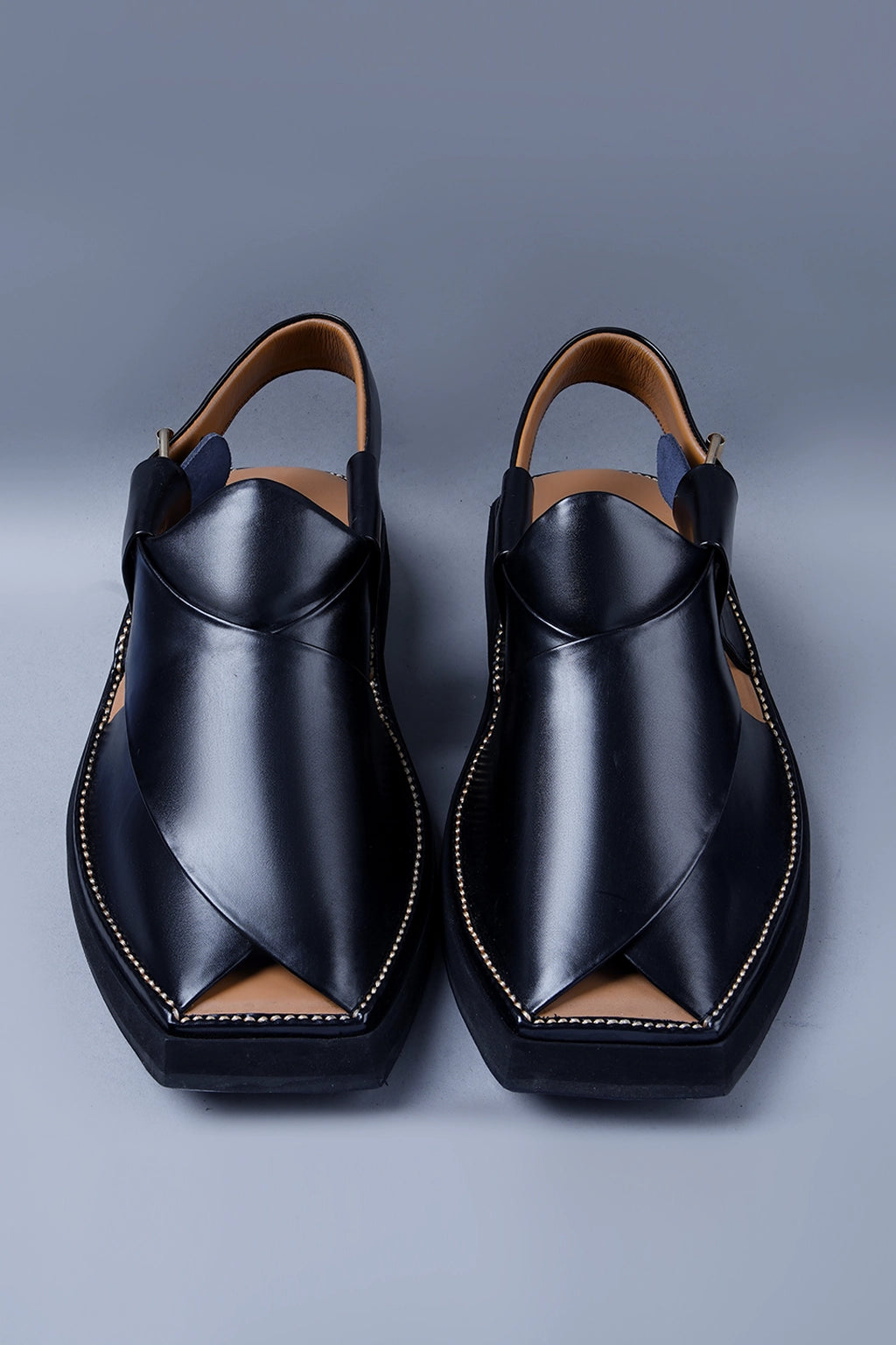 Premium Black Leather Chappal with Bold Square Toe and Stitch Accent