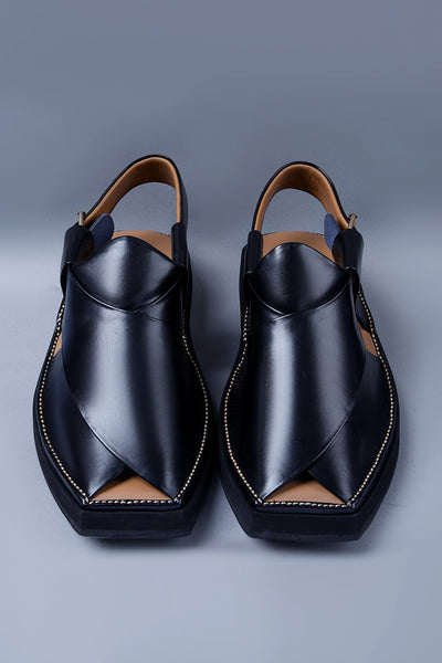 Premium Black Leather Chappal with Bold Square Toe and Stitch Accent