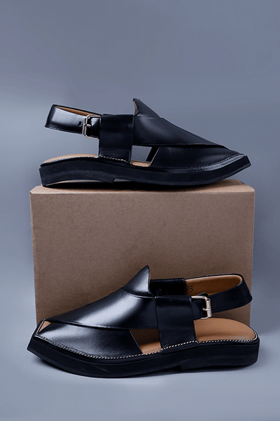 Premium Black Leather Chappal with Bold Square Toe and Stitch Accent