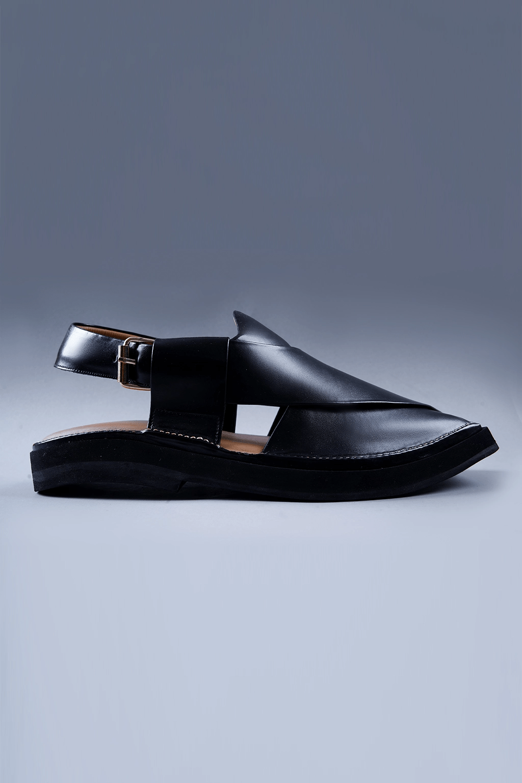 Premium Black Leather Chappal with Bold Square Toe and Stitch Accent