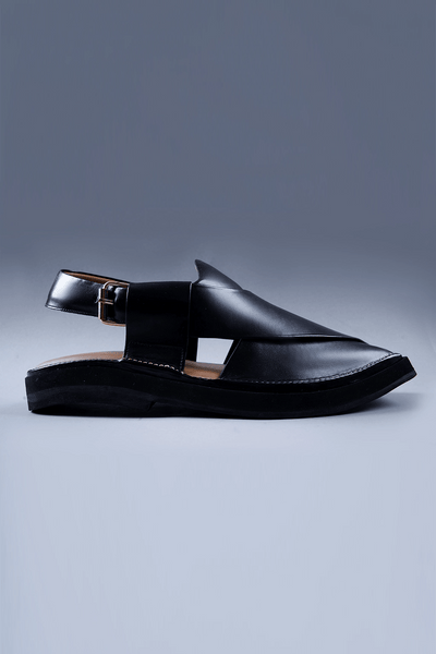 Premium Black Leather Chappal with Bold Square Toe and Stitch Accent