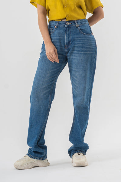 Straight Fit Mid Wash Blue Denim Pants with a Relaxed Everyday Style