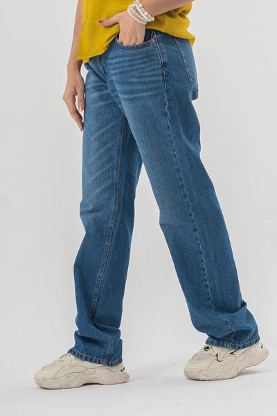Straight Fit Mid Wash Blue Denim Pants with a Relaxed Everyday Style