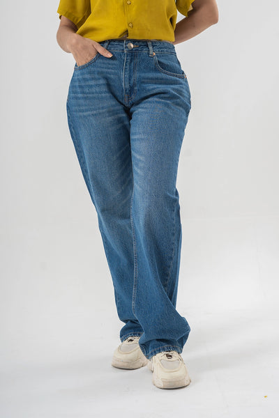 Straight Fit Mid Wash Blue Denim Pants with a Relaxed Everyday Style