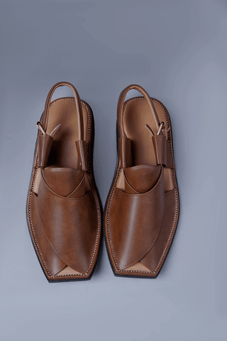 Tan Brown Leather Kaptaan Chappal with Sleek Square Toe Finish - Ecowears.pk