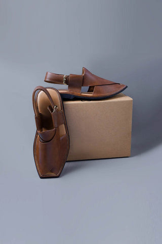 Tan Brown Leather Kaptaan Chappal with Sleek Square Toe Finish - Ecowears.pk