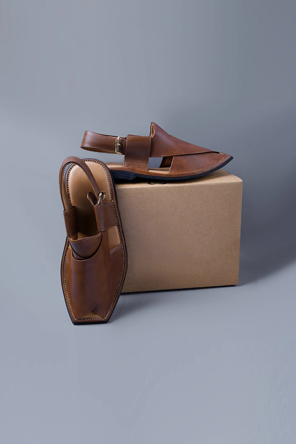 Tan Brown Leather Kaptaan Chappal with Sleek Square Toe Finish