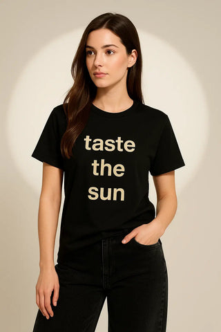Taste the Sun" Graphic Tee – Women's Black Cotton Statement T-Shirt