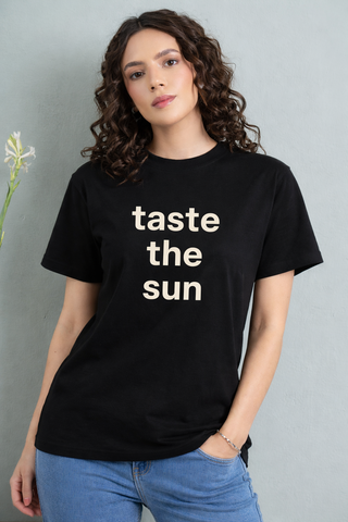 Taste the Sun Graphic Tee – Women's Black Cotton Statement T-Shirt