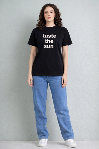 Taste the Sun Graphic Tee – Women's Black Cotton Statement T-Shirt