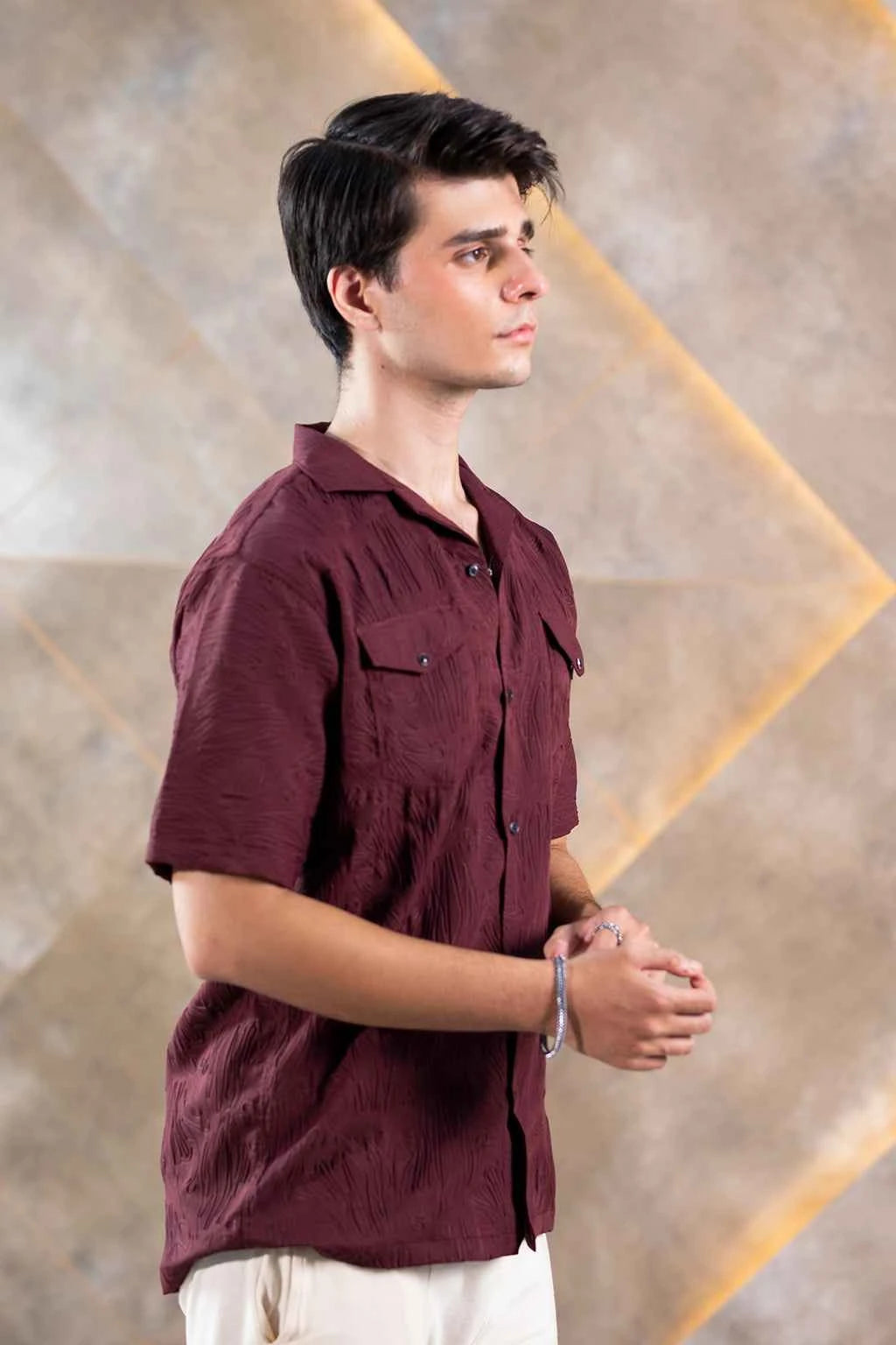 Textured Button-Down Shirt for Men – Rich Maroon Summer Wear