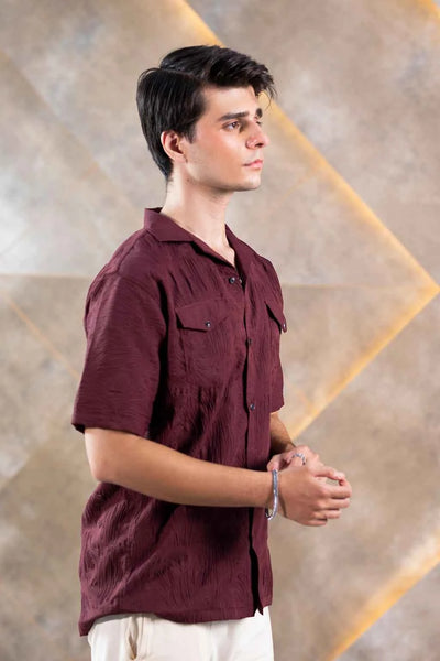 Textured Button-Down Shirt for Men – Rich Maroon Summer Wear