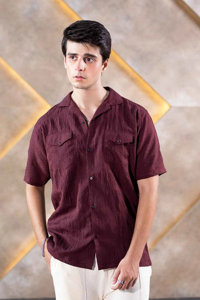 Textured Button-Down Shirt for Men – Rich Maroon Summer Wear