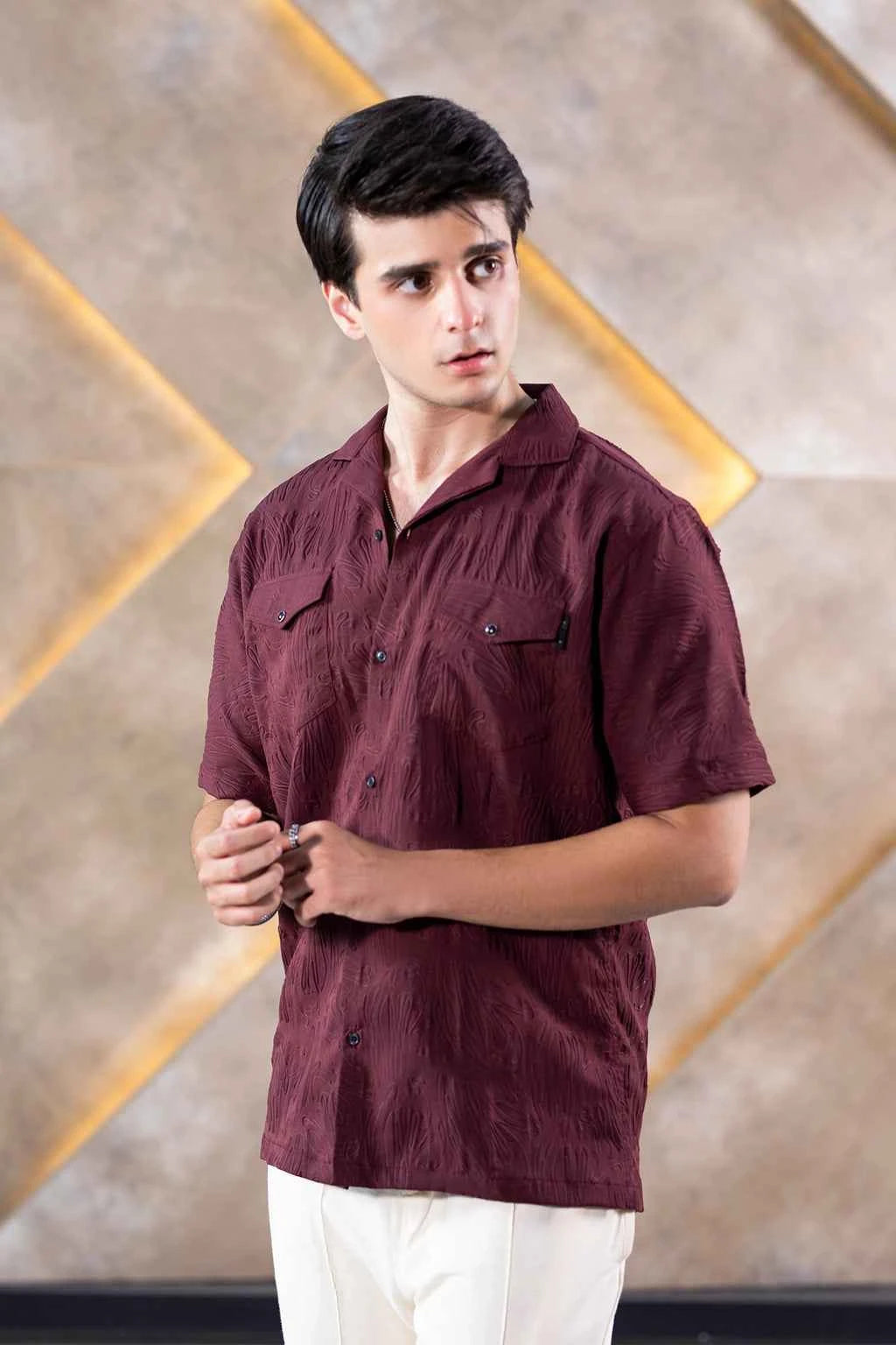 Textured Button-Down Shirt for Men – Rich Maroon Summer Wear
