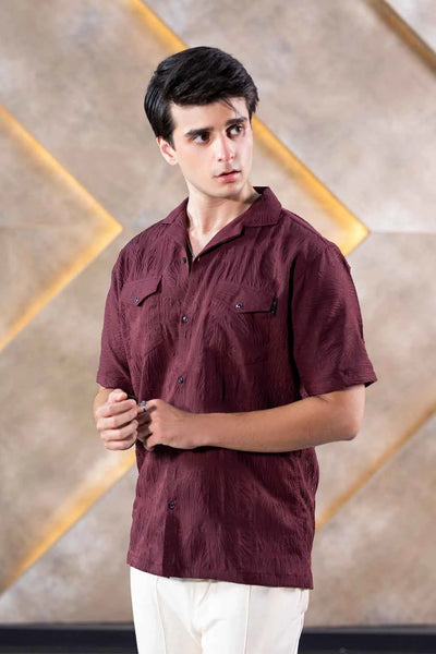 Textured Button-Down Shirt for Men – Rich Maroon Summer Wear