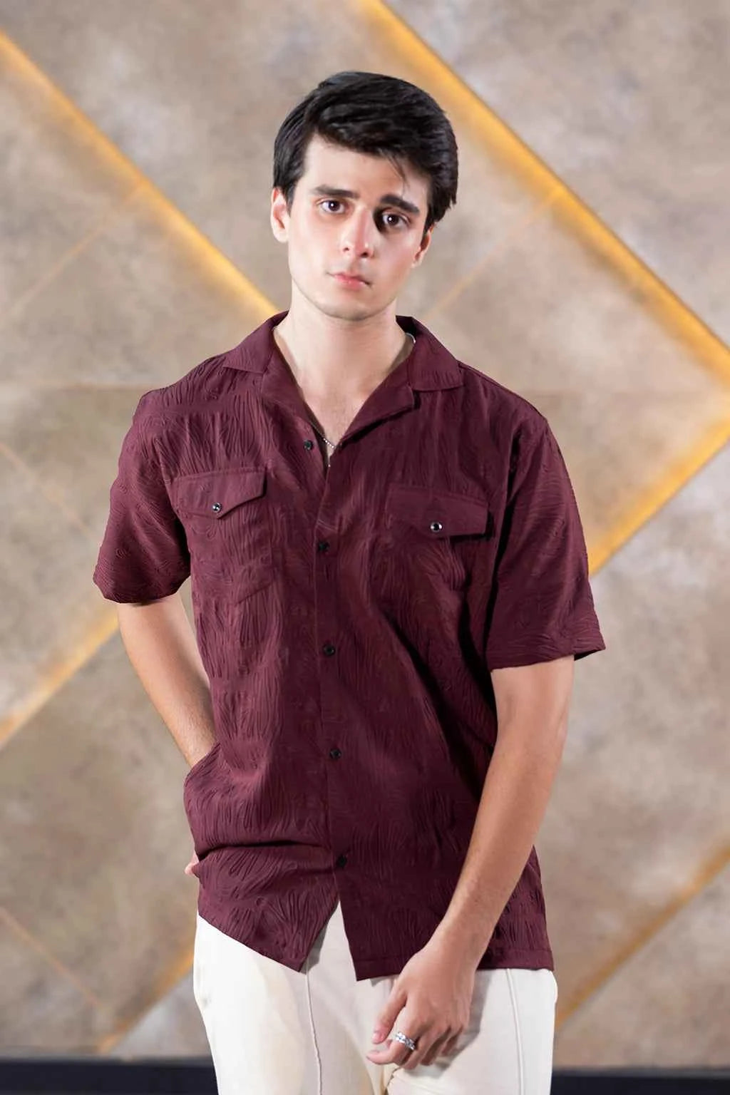 Textured Button-Down Shirt for Men – Rich Maroon Summer Wear