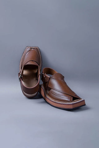 Traditional Brown Leather Kaptaan Chappal with Signature Square Toe Design - Ecowears.pk