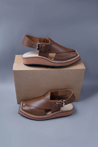 Traditional Brown Leather Kaptaan Chappal with Signature Square Toe Design - Ecowears.pk