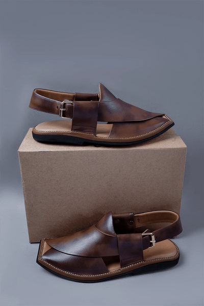 Two Tone Brown Leather Kaptaan Chappal with Textured Finish and Square Toe