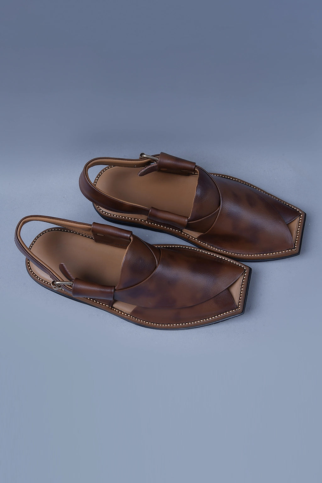 Two Tone Brown Leather Kaptaan Chappal with Textured Finish and Square Toe