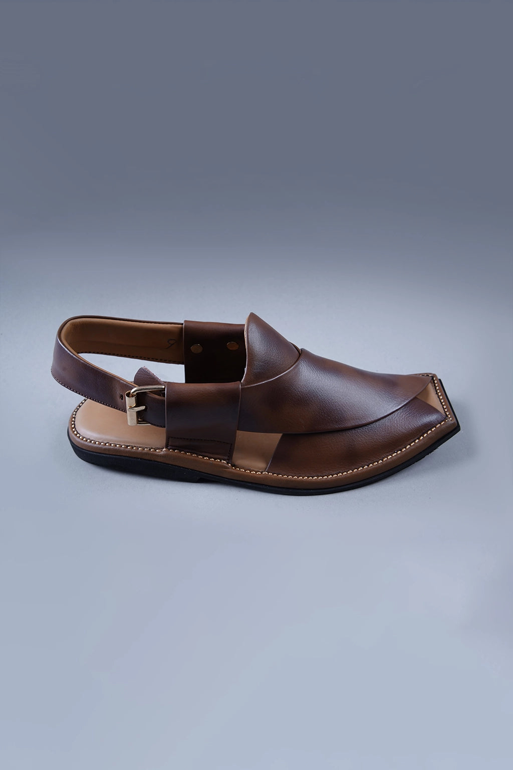 Two Tone Brown Leather Kaptaan Chappal with Textured Finish and Square Toe