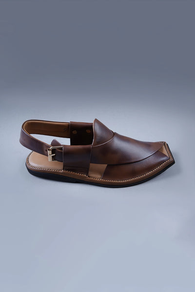 Two Tone Brown Leather Kaptaan Chappal with Textured Finish and Square Toe