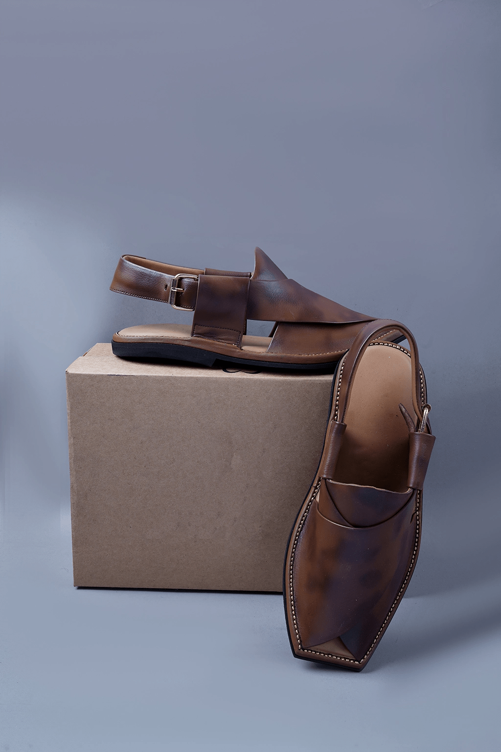 Two Tone Brown Leather Kaptaan Chappal with Textured Finish and Square Toe