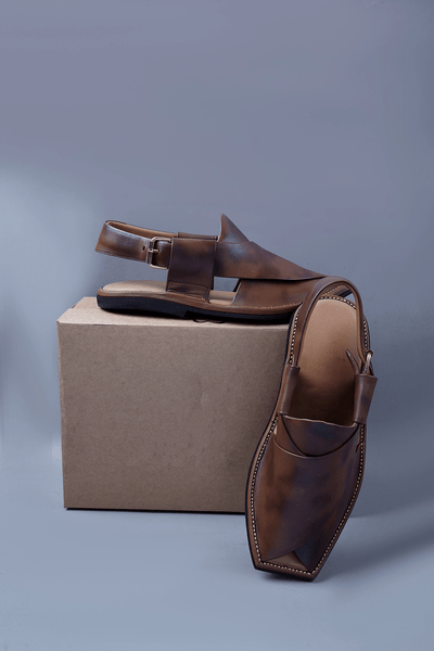 Two Tone Brown Leather Kaptaan Chappal with Textured Finish and Square Toe