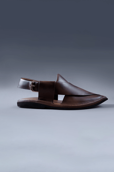 Two Tone Brown Leather Kaptaan Chappal with Textured Finish and Square Toe