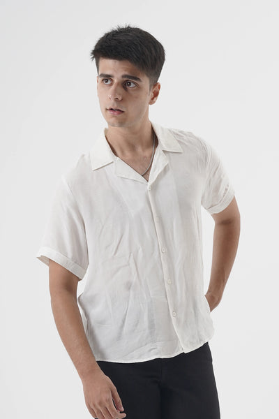 White Cuban Collar Short Sleeve Shirt in Lightweight Textured Fabric