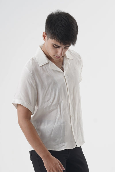 White Cuban Collar Short Sleeve Shirt in Lightweight Textured Fabric
