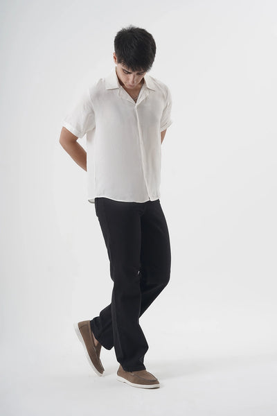 White Cuban Collar Short Sleeve Shirt in Lightweight Textured Fabric