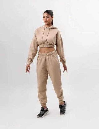 Winter Beige Fleece Sports Short Hoodie Joggers Set - Ecowears.pk