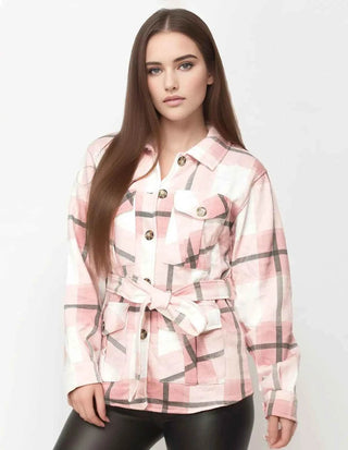 Women Check Fleece Casual Shacket Belt Jacket - Ecowears.pk