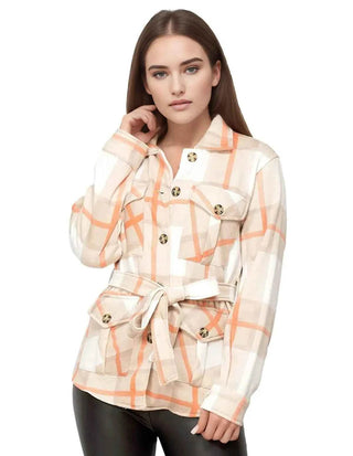 Women Check Fleece Casual Shacket Belt Jacket - Ecowears.pk