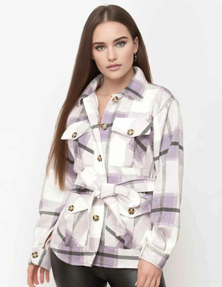 Women Check Fleece Casual Shacket Belt Jacket - Ecowears.pk