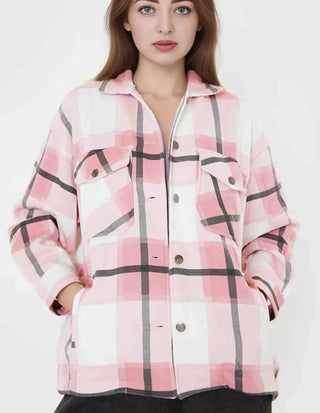 Women Check Fleece Casual Shacket Jacket Loose Outerwear - Ecowears.pk