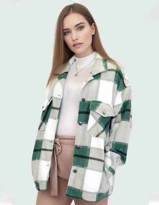 Women Check Fleece Casual Shacket Jacket Loose Outerwear - Ecowears.pk