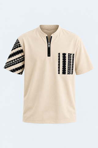 Beige Tribal Sleeve Zip Tee — front studio view