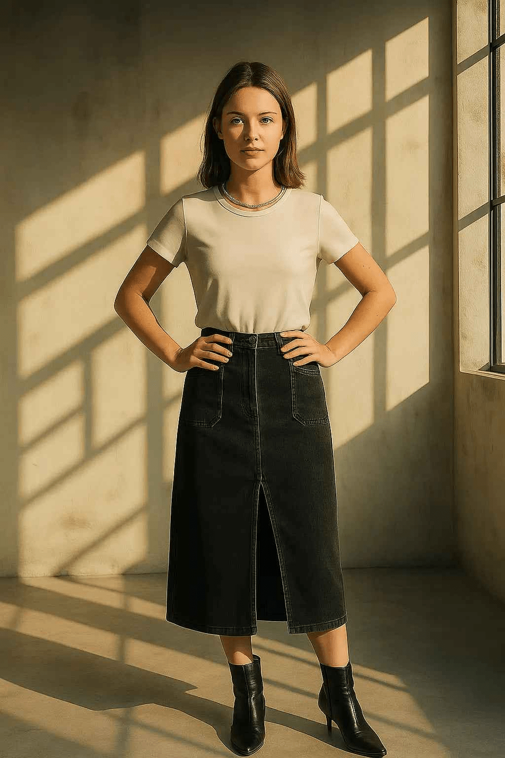 Woman wearing black denim midi skirt women style with front slit paired with beige t-shirt and black boots
