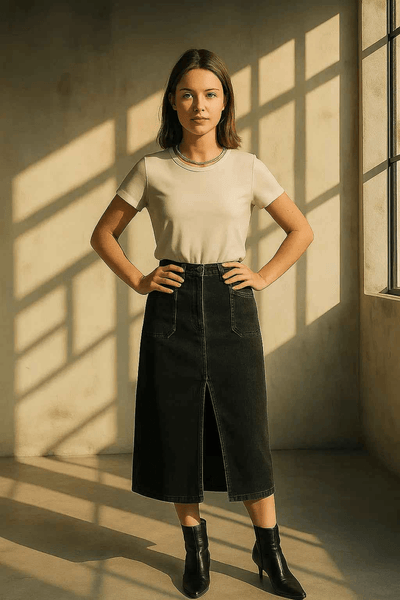 Woman wearing black denim midi skirt women style with front slit paired with beige t-shirt and black boots