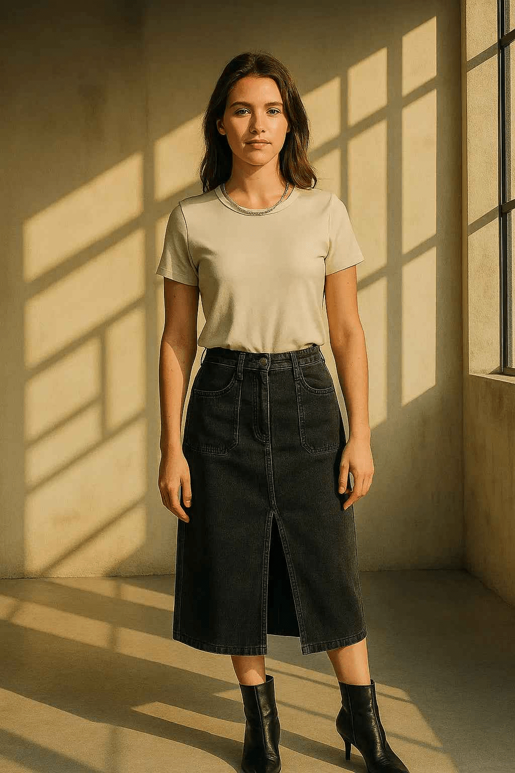 Woman wearing a black denim midi skirt women with front slit paired with a beige t-shirt and black ankle boots